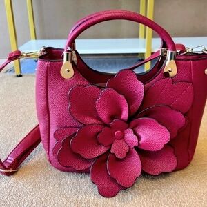 Magenta Floral Applique Top-Handle Shoulder Bag